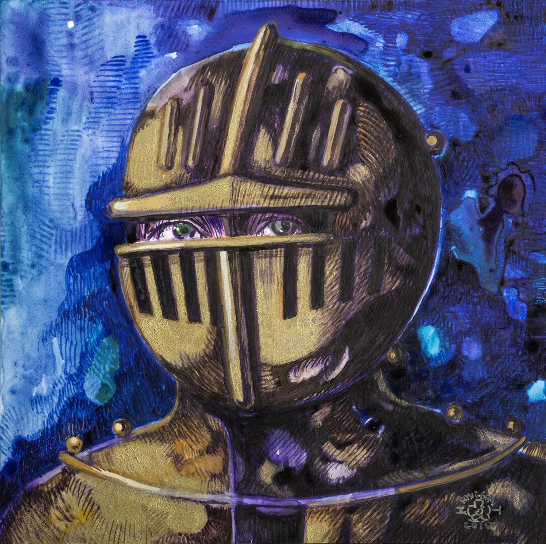 Female Knight and Night Watercolor on Panel 10” x 10”