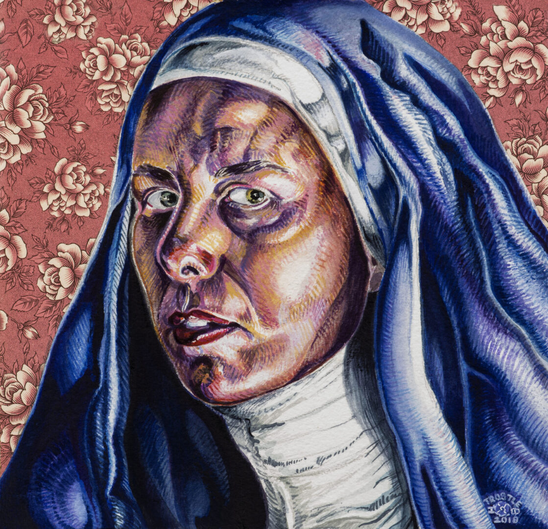 Little Blue Nun, 2018 Watercolor and Collage 12”x12”