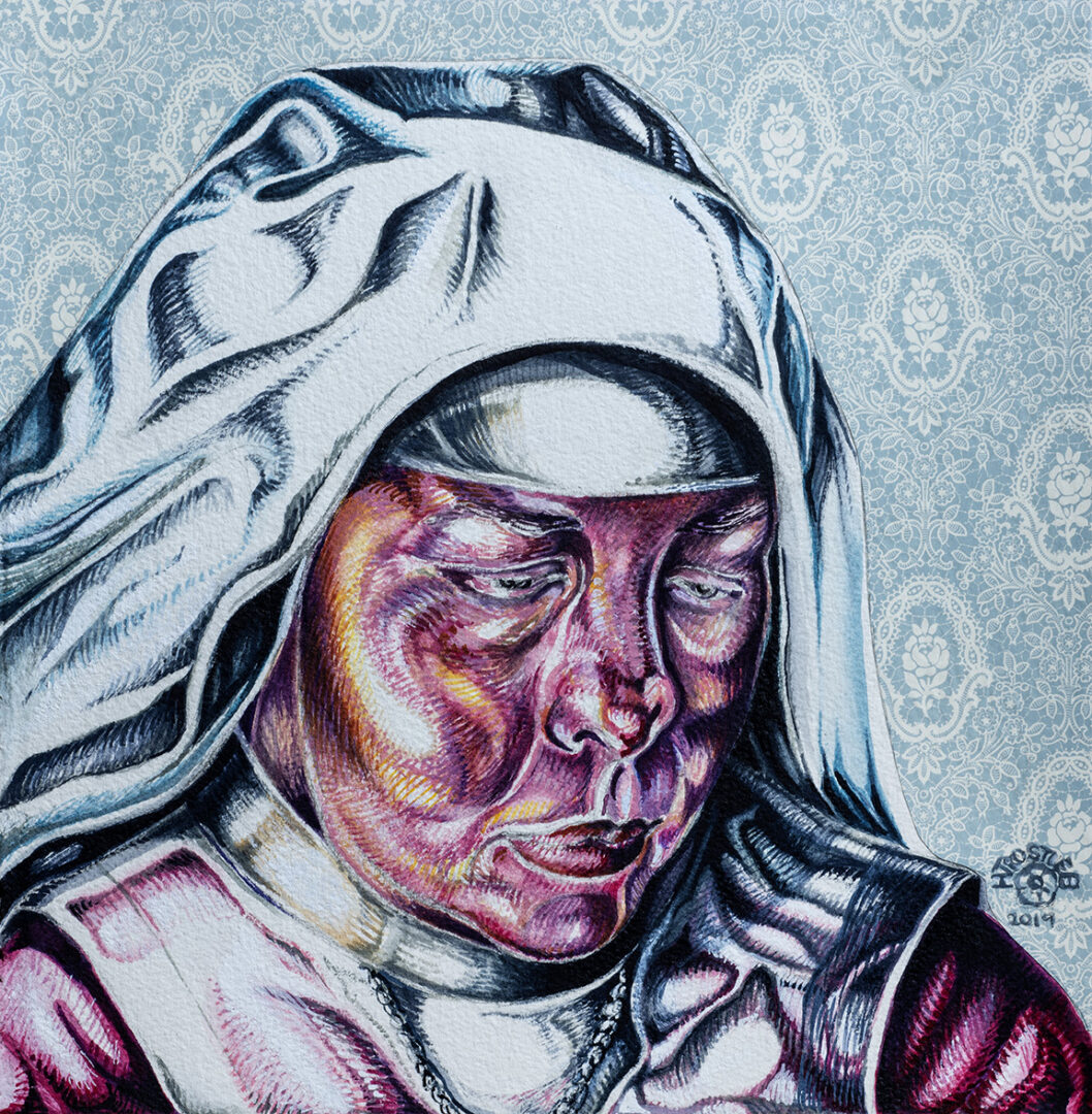 tle Pink Nun, 2019 Watercolor and Collage 12”x12”